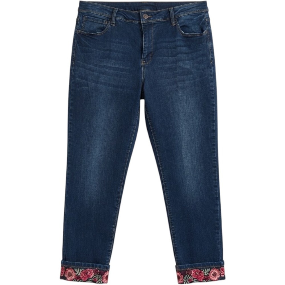 Terra & Sky Women 16W Dark Wash Floral Embroidered Cuff Straight Leg Jeans Boho